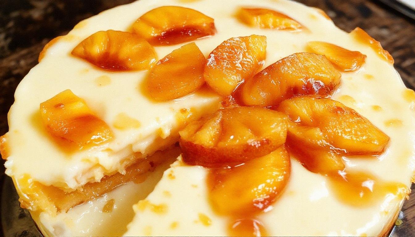 A creamy peach-colored cheesecake topped with fresh peach slices and a drizzle of glaze, elegantly plated on a white dish with mint garnish behind it. The crust is visible at the base, with a smooth, inviting texture on top, highlighted by natural daylight.