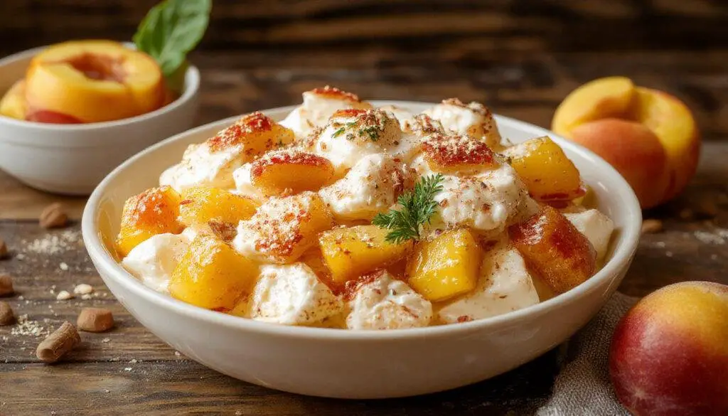 A vibrant bowl of No-Bake Peaches and Cream Salad featuring juicy peach slices topped with a smooth, creamy dressing, garnished with fresh mint leaves. The salad is presented in a clear glass dish showcasing the colorful layers, with a rustic wooden table background adding warmth to the scene.