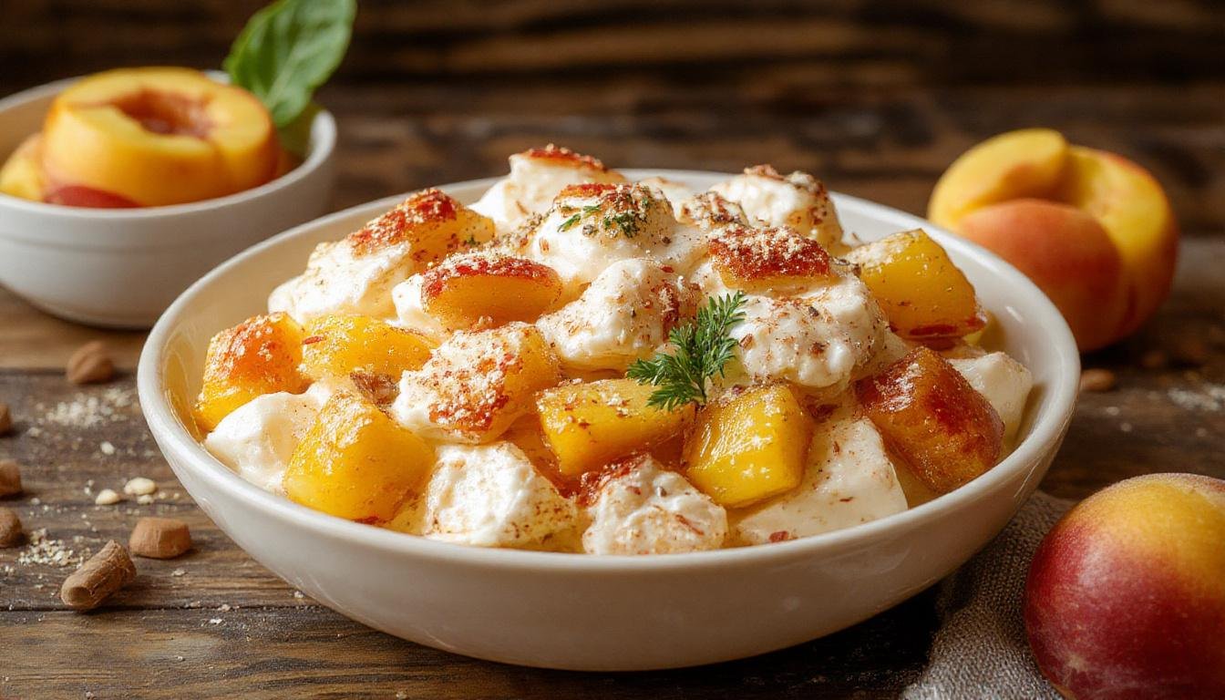 A vibrant bowl of No-Bake Peaches and Cream Salad featuring juicy peach slices topped with a smooth, creamy dressing, garnished with fresh mint leaves. The salad is presented in a clear glass dish showcasing the colorful layers, with a rustic wooden table background adding warmth to the scene.
