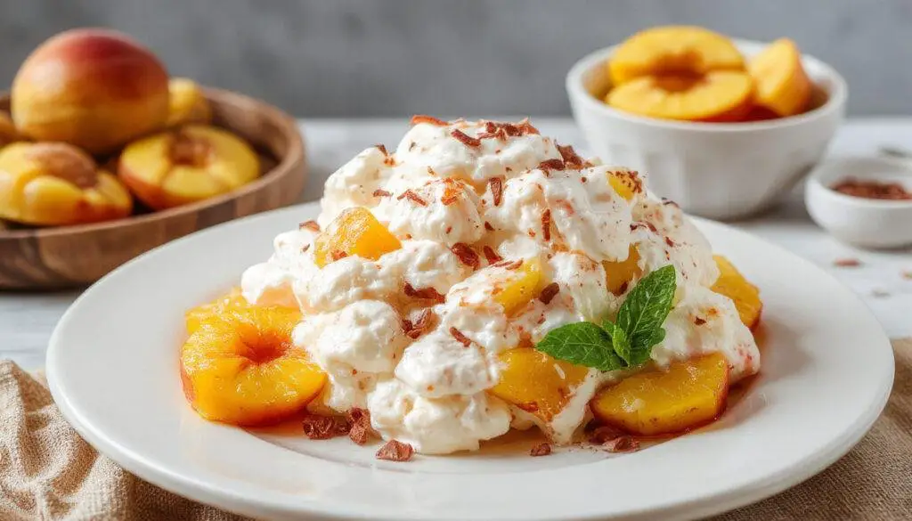 A vibrant bowl of Peaches and Cream Fluff Salad topped with whipped cream, sliced fresh peaches, and a sprinkle of toasted coconut, showcasing a colorful layered dessert with fluffy texture and glossy fruit pieces.