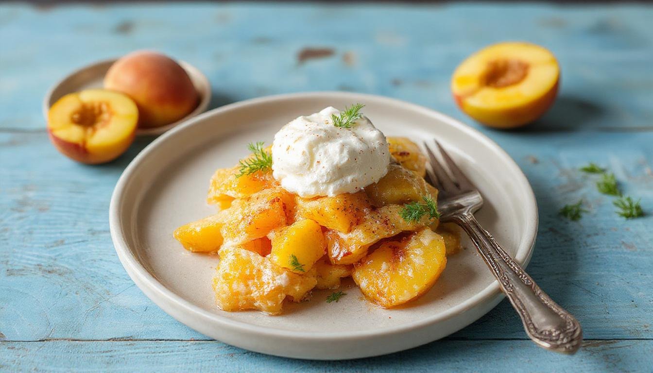 A layered dessert in a clear glass bowl showing alternating peach slices, creamy filling, and crumbled biscuit toppings. The peaches are vibrant orange, contrasting with the white cream and golden-brown crumbs, all elegantly arranged to highlight textures and colors.