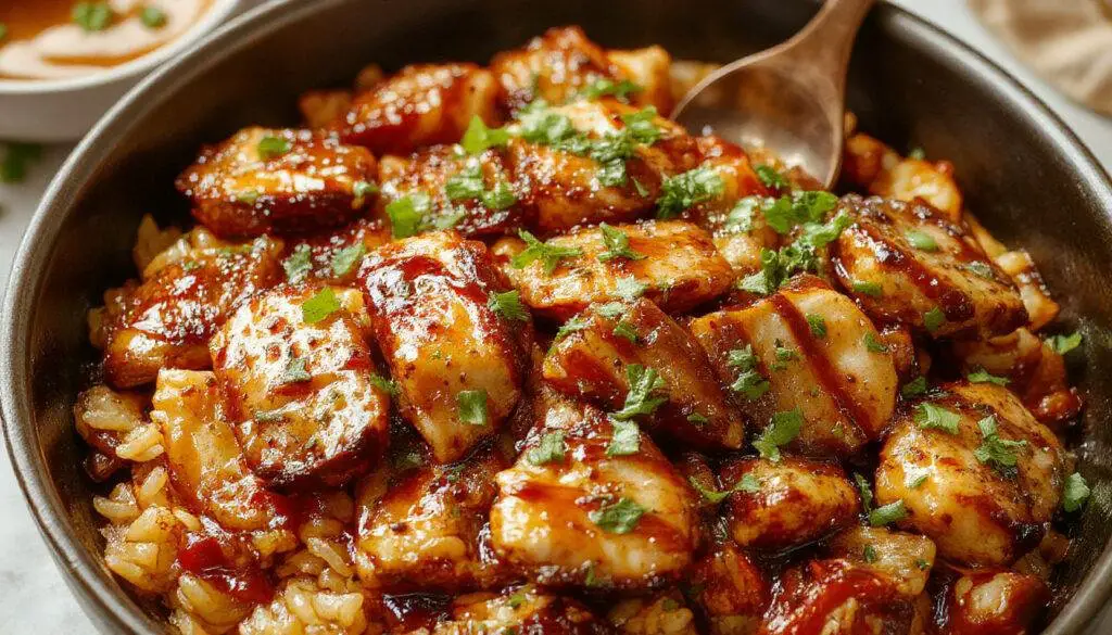 A vibrant plate of honey BBQ chicken served atop fluffy rice, garnished with chopped green onions and sesame seeds. The chicken has a glossy, caramelized glaze with a slightly charred, smoky appearance, nestled on a bed of white rice with a colorful mix of vegetables around.
