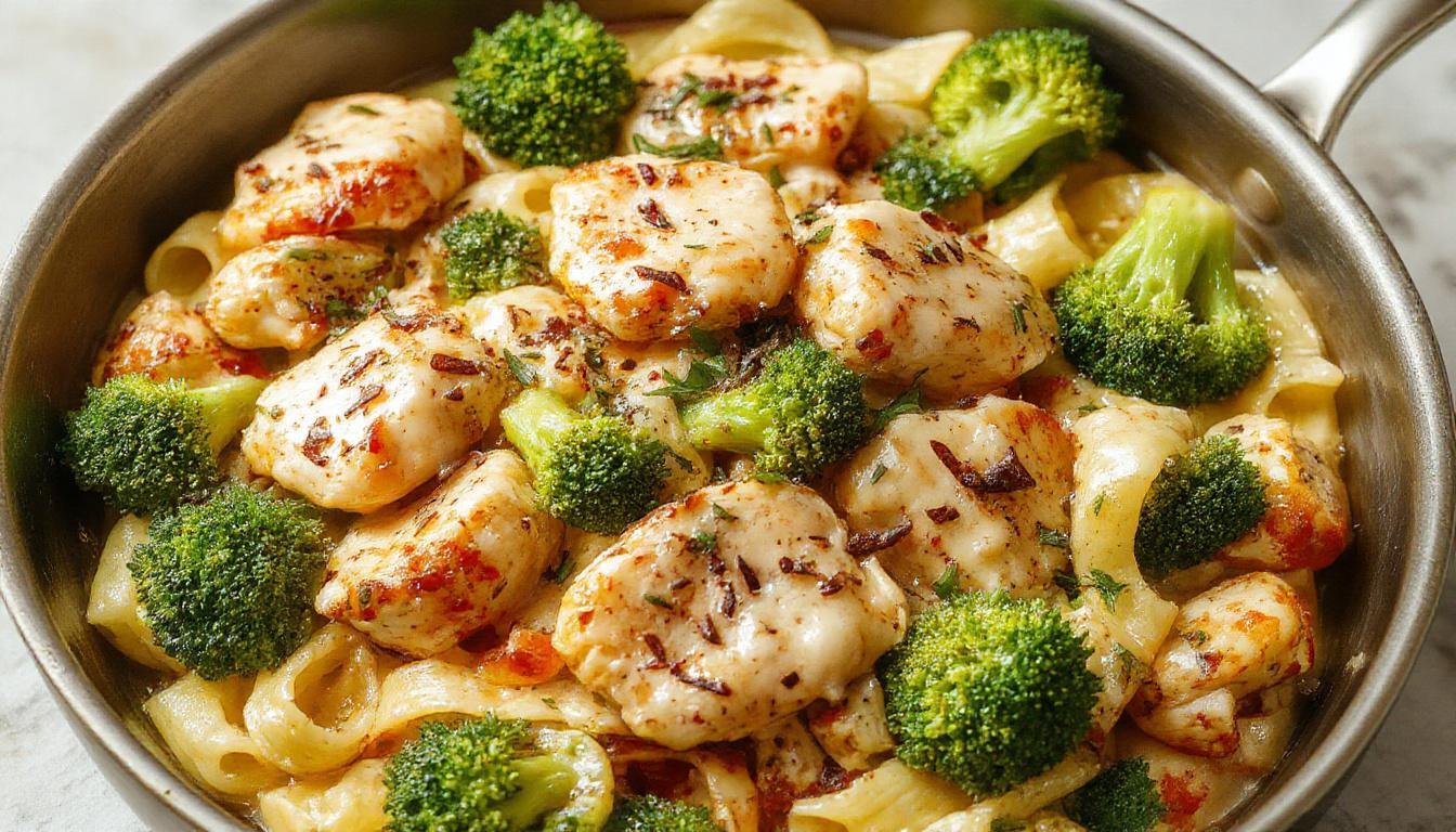 A close-up of a skillet filled with creamy chicken, vibrant green broccoli florets, and tender pasta, all topped with melted melted cheese and sprinkled with herbs, beautifully plated with a rustic touch.