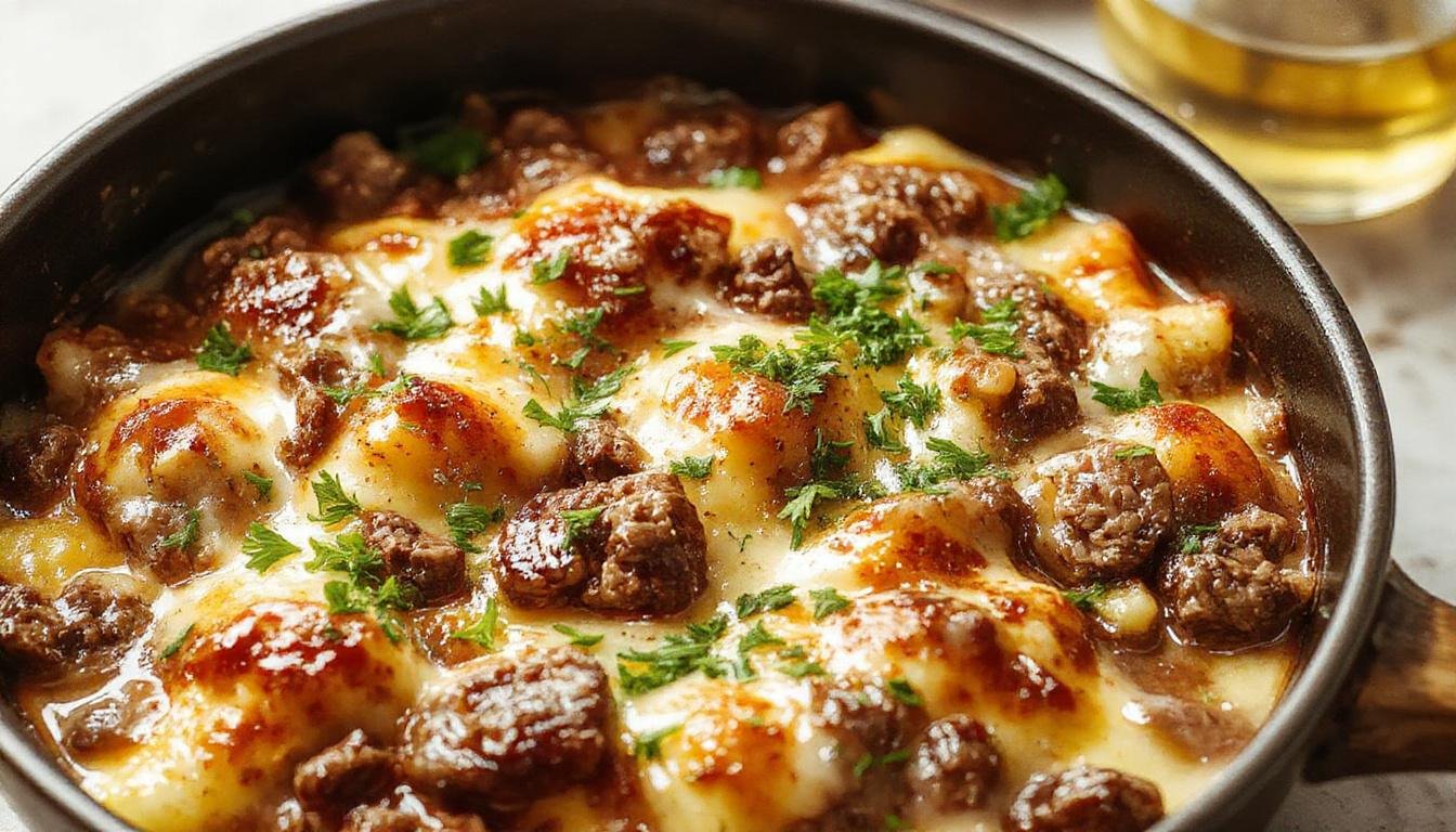 A hearty hobo casserole served in a rustic oval dish, featuring golden-brown mashed potatoes topped with seasoned ground beef and vegetables, garnished with fresh herbs, with steam gently rising, creating a warm and inviting appearance.