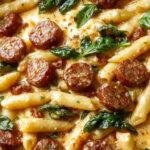 A vibrant plate of creamy penne pasta topped with fresh spinach and slices of cooked Italian sausage, garnished with grated cheese and herbs, served on a white round plate against a rustic wooden background.