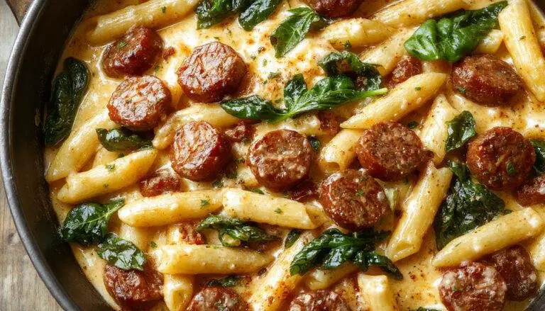 A vibrant plate of creamy penne pasta topped with fresh spinach and slices of cooked Italian sausage, garnished with grated cheese and herbs, served on a white round plate against a rustic wooden background.