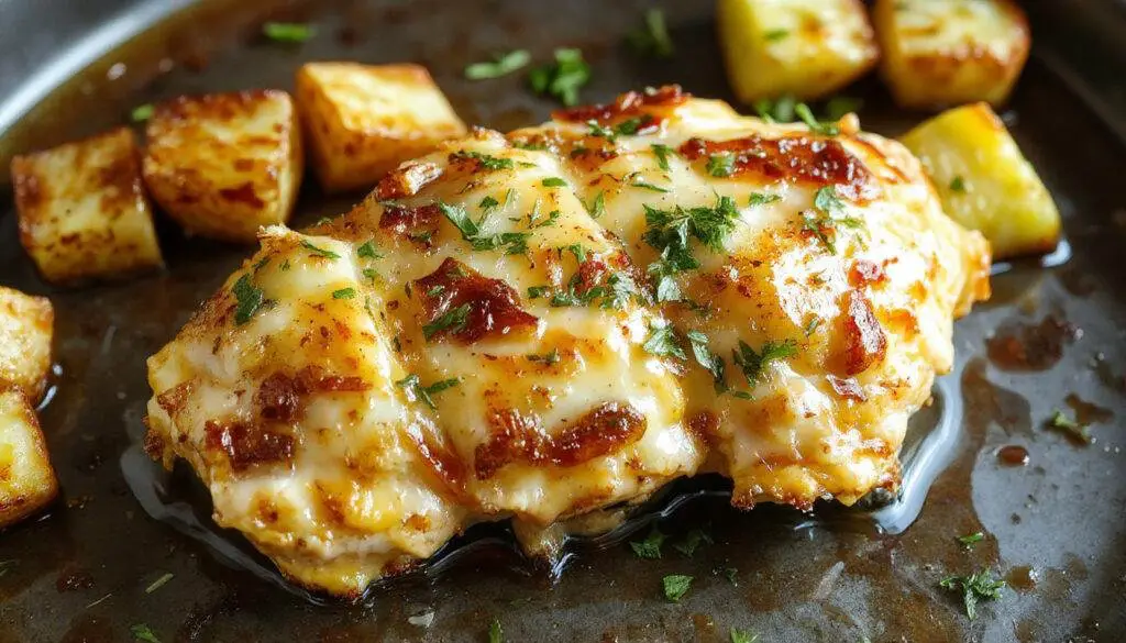 A close-up shot of a golden-brown roasted chicken breast topped with grated Parmesan cheese and chopped parsley, surrounded by crispy roasted potatoes with a slightly charred exterior. The dish is arranged on a rustic white plate with a drizzle of garlic-infused oil and sprinkled herbs, all set on a wooden table with fresh herbs and garlic cloves in the background.
