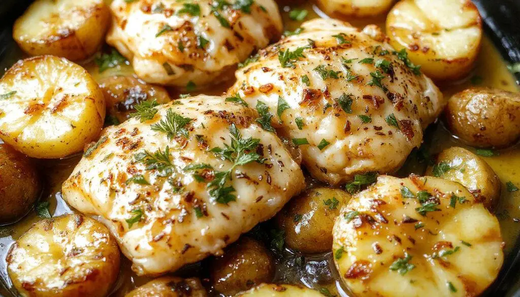 A golden-brown chicken breast topped with melted Parmesan cheese, surrounded by roasted, crispy potato wedges sprinkled with herbs. The dish is presented on a rustic white plate with a sprinkle of chopped parsley and a wooden background providing a warm, inviting feel.