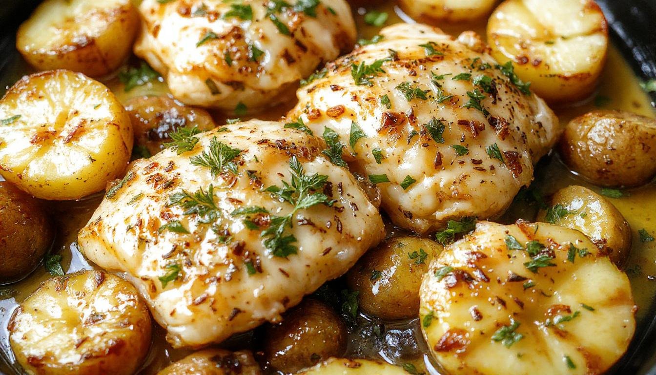 A golden-brown chicken breast topped with melted Parmesan cheese, surrounded by roasted, crispy potato wedges sprinkled with herbs. The dish is presented on a rustic white plate with a sprinkle of chopped parsley and a wooden background providing a warm, inviting feel.