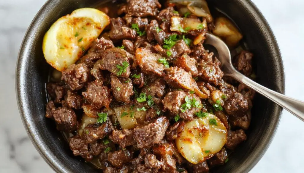A rustic skillet filled with sizzling ground beef mixed with tender, caramelized cabbage, topped with finely chopped herbs and a sprinkle of black pepper, vibrant in color with golden-brown edges and crisp leaves