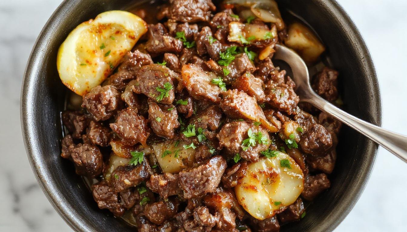 A rustic skillet filled with sizzling ground beef mixed with tender, caramelized cabbage, topped with finely chopped herbs and a sprinkle of black pepper, vibrant in color with golden-brown edges and crisp leaves