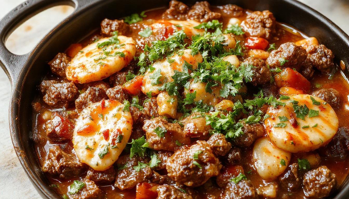 A vibrant skillet featuring ground beef cooked to golden brown, topped with colorful bell peppers, red onions, and melted cheese, garnished with fresh cilantro, all arranged on a rustic cast iron pan.