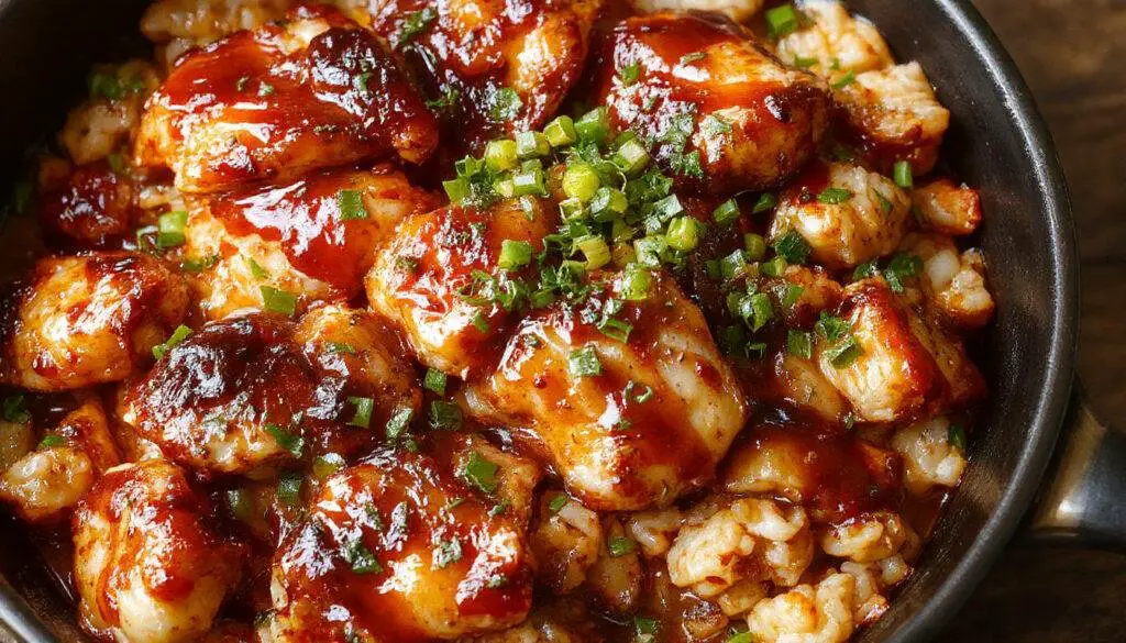 A vibrant plate featuring tender, shredded chicken coated in a glossy smoky honey barbecue sauce, served atop fluffy white rice. Garnished with chopped green onions and sprinkled with sesame seeds, the dish is presented on a rustic wooden table with a colorful background that enhances its smoky and sweet appeal.