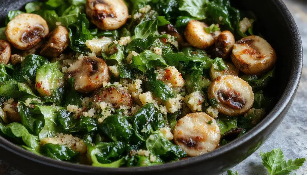 A vibrant quinoa skillet featuring sautéed spinach and sliced mushrooms, served in a rustic black cast iron pan. The dish displays fluffy quinoa, bright green spinach, and earthy mushrooms with a hint of garlic, garnished with fresh herbs, all presented on a wooden surface with natural lighting highlighting the textures.