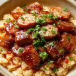 A vibrant plate featuring sliced grilled sausages coated in a glossy sweet and tangy barbecue glaze, accompanied by fluffy white rice and colorful vegetables, all arranged on a rustic wooden table with fresh herbs sprinkled on top.