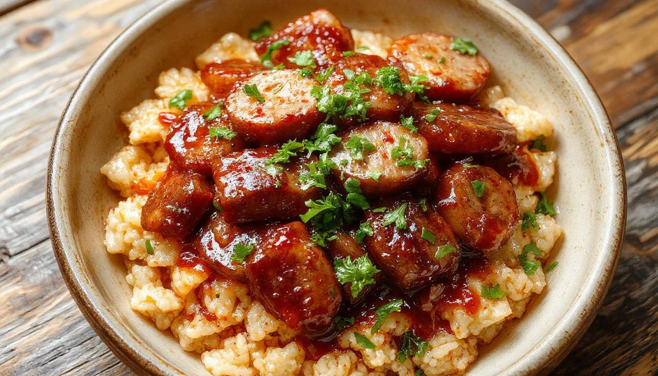 A vibrant plate featuring sliced grilled sausages coated in a glossy sweet and tangy barbecue glaze, accompanied by fluffy white rice and colorful vegetables, all arranged on a rustic wooden table with fresh herbs sprinkled on top.