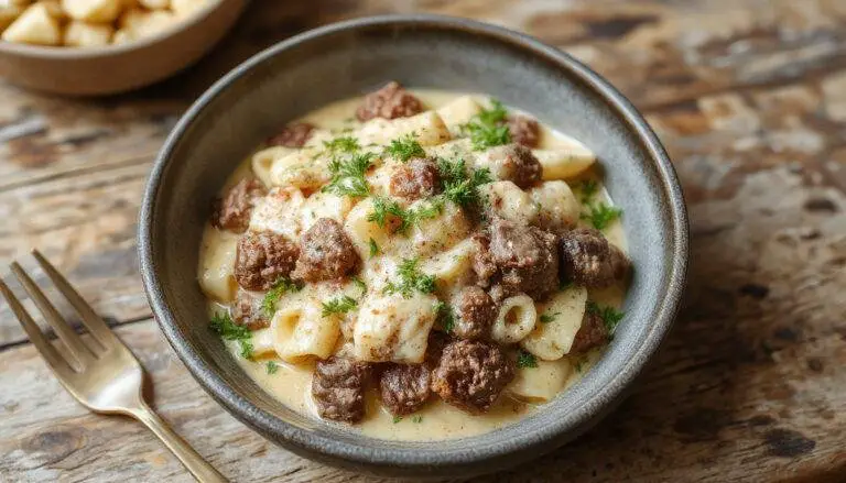 A steaming bowl of creamy ground beef and pasta topped with chopped herbs, showcasing tender pasta coated in a rich, white sauce and bits of browned ground beef, garnished with fresh parsley.