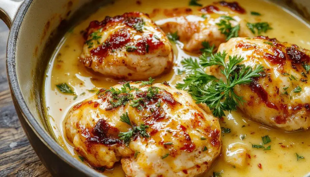 A rustic white bowl filled with Irish chicken in a rich, creamy whiskey sauce, garnished with chopped fresh herbs, surrounded by rustic bread and a glass of whiskey on a wooden table