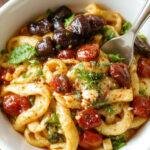 A vibrant bowl of one-pot veggie pasta garnished with fresh herbs, showing colorful vegetables and perfectly cooked pasta in a single serving.