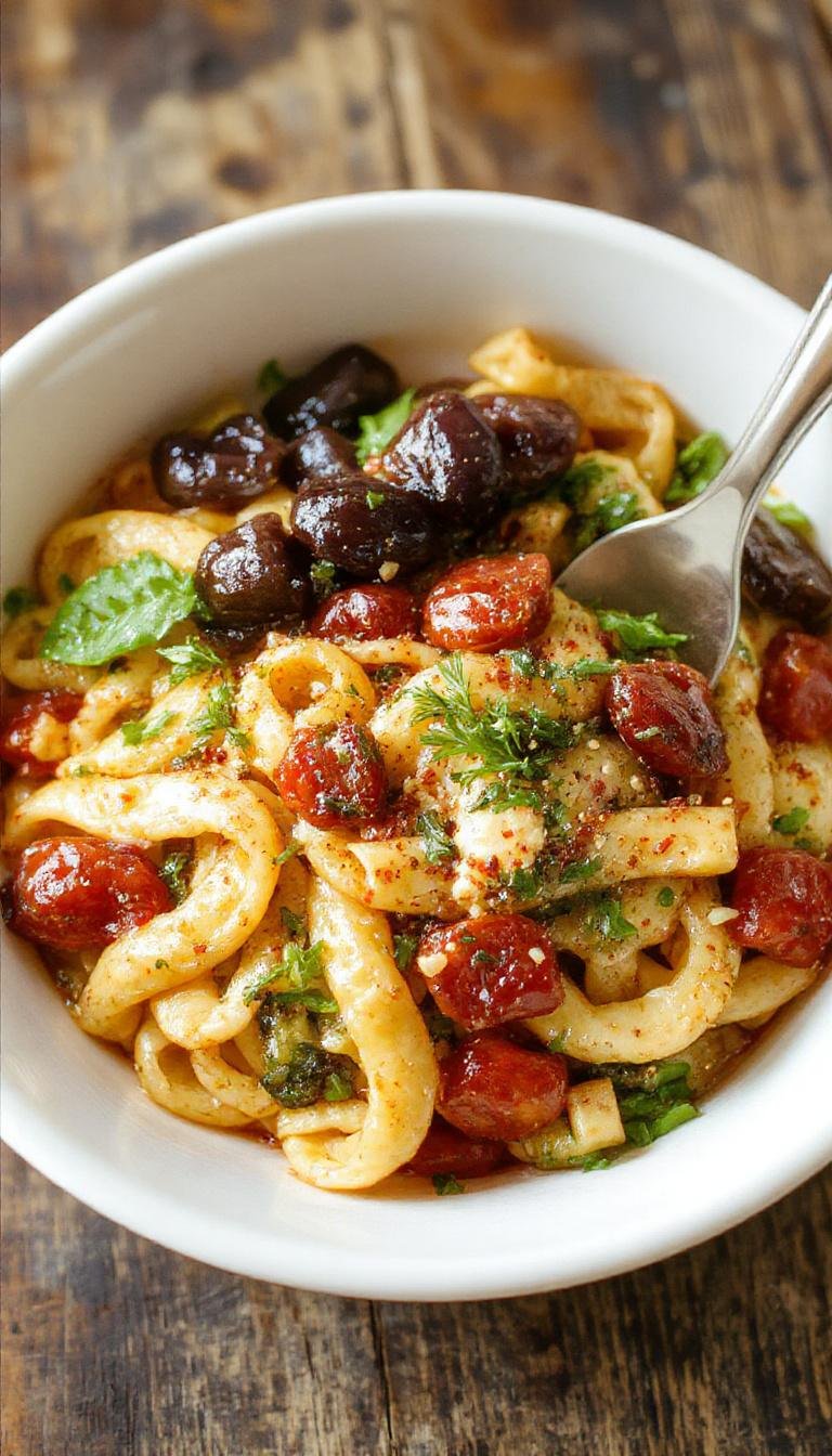 A vibrant bowl of one-pot veggie pasta garnished with fresh herbs, showing colorful vegetables and perfectly cooked pasta in a single serving.