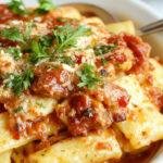 A plate of Pasta alla Sorrentina topped with melted mozzarella cheese and fresh basil, served in a rustic Italian dish.