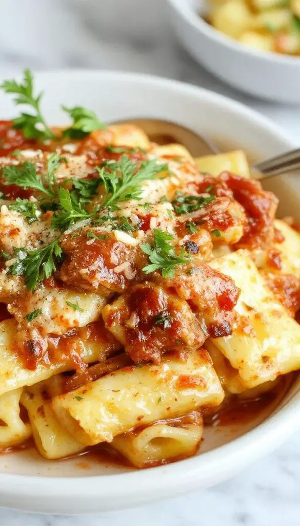 A plate of Pasta alla Sorrentina topped with melted mozzarella cheese and fresh basil, served in a rustic Italian dish.