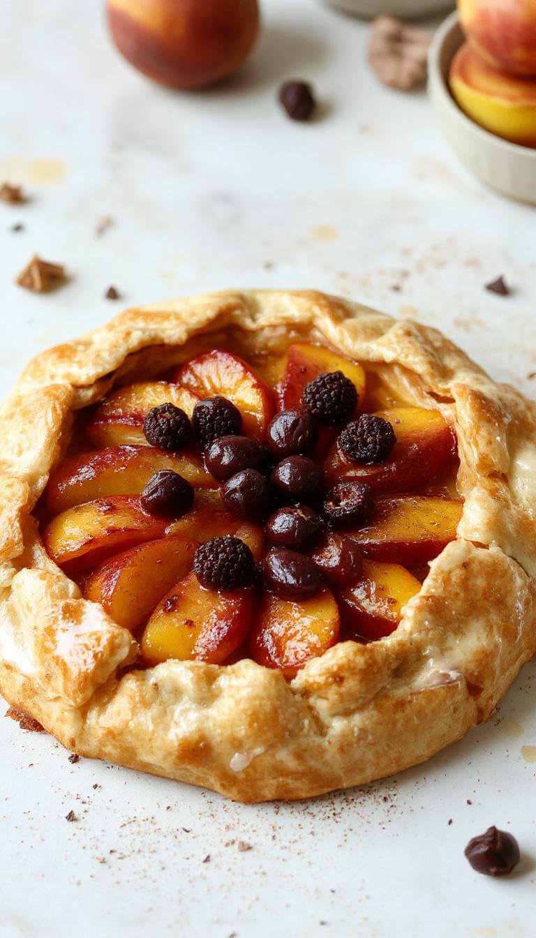 A freshly baked peach galette with golden crust, filled with sliced peaches and drizzled with honey, served on a rustic wooden table.