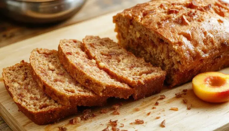 A sliced loaf of cinnamon peach bread on a rustic wooden cutting board, showing a golden-brown crust, swirls of cinnamon, and visible chunks of juicy peach inside, with a dusting of cinnamon powder on top and fresh peach slices garnishing the side.
