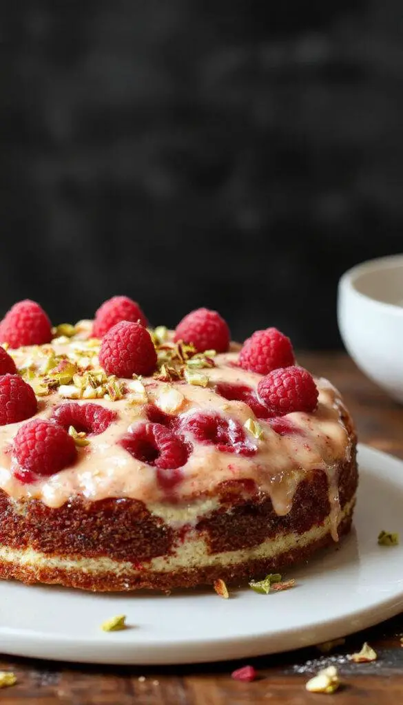A layered Pistachio Raspberry Cake with vibrant pink raspberry filling, green pistachio frosting, and fresh raspberries on top, elegantly presented on a white plate.
