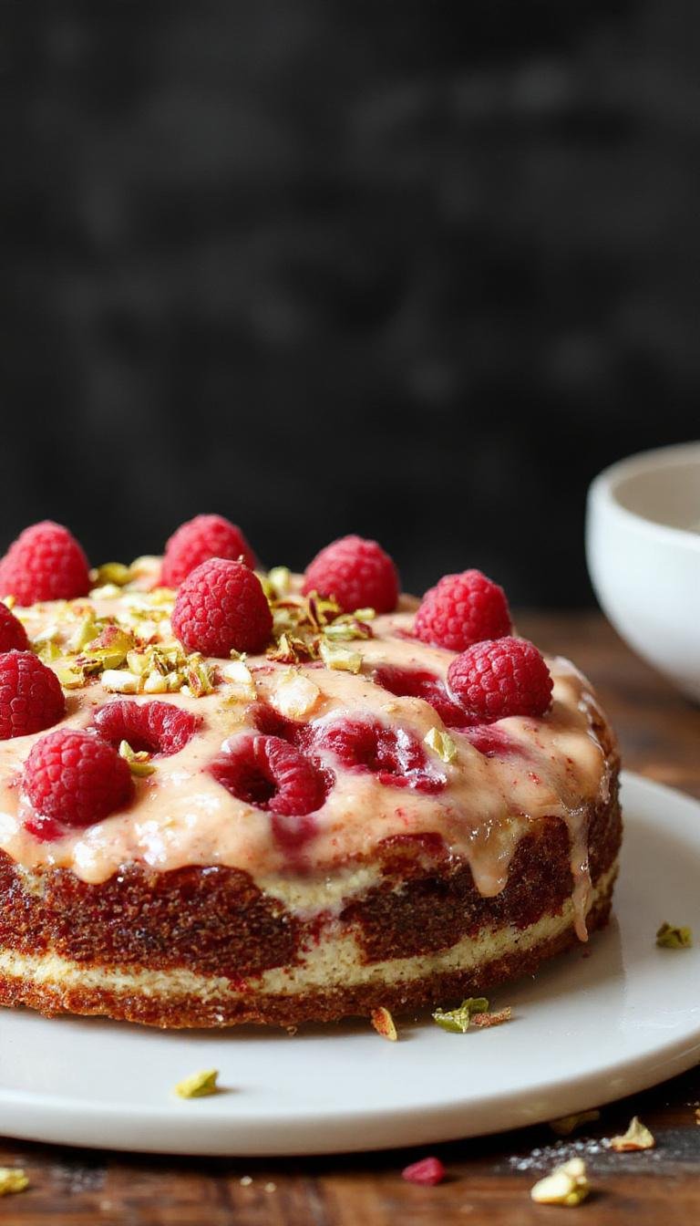 A layered Pistachio Raspberry Cake with vibrant pink raspberry filling, green pistachio frosting, and fresh raspberries on top, elegantly presented on a white plate.