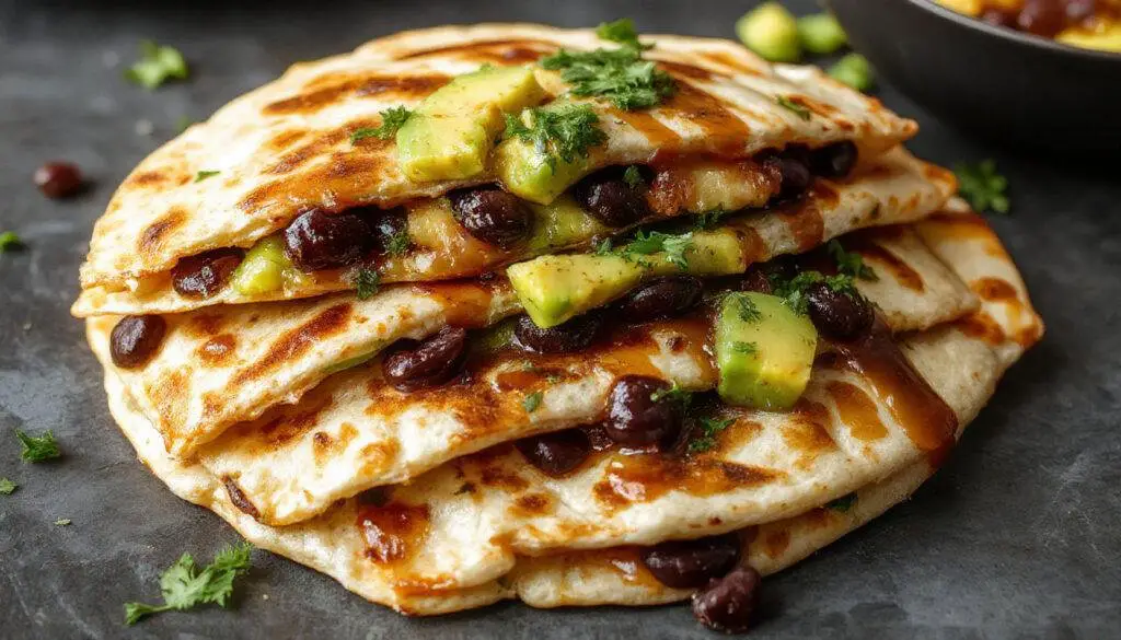 Close-up of a golden-brown quesadilla filled with black beans, creamy avocado slices, and melted cheese, drizzled with fresh cilantro, cut into wedges on a rustic plate