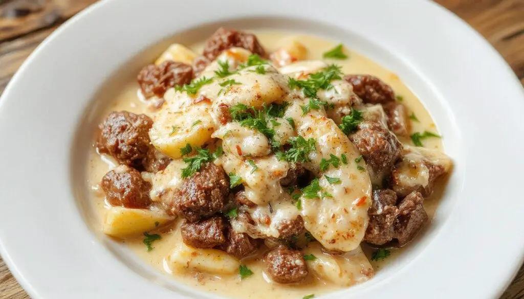 A close-up of a creamy beef stroganoff dish served in a rustic white bowl, featuring tender ground beef in a rich, smooth, beige sauce topped with a sprinkle of chopped parsley. The dish is accompanied by a side of buttery egg noodles garnished with fresh parsley, with a wooden table background adding warmth to the scene.