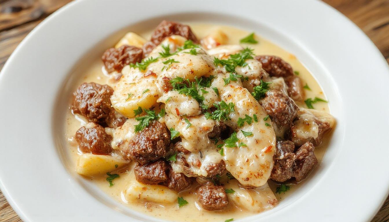 A close-up of a creamy beef stroganoff dish served in a rustic white bowl, featuring tender ground beef in a rich, smooth, beige sauce topped with a sprinkle of chopped parsley. The dish is accompanied by a side of buttery egg noodles garnished with fresh parsley, with a wooden table background adding warmth to the scene.