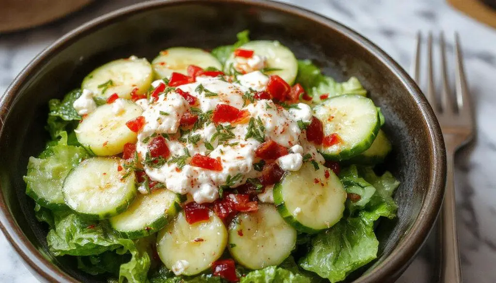 A vibrant bowl of creamy cucumber salad featuring crisp cucumber slices coated in a smooth, pale dressing, garnished with fresh herbs, displayed on a rustic wooden table with a fork beside a bright, inviting setting.