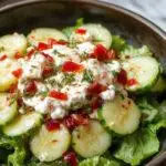 A vibrant bowl of creamy cucumber salad featuring crisp cucumber slices coated in a smooth, pale dressing, garnished with fresh herbs, displayed on a rustic wooden table with a fork beside a bright, inviting setting.