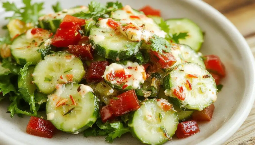 A vibrant garden cucumber salad served in a clear glass bowl. The salad features thinly sliced cucumbers coated in a creamy dressing, garnished with fresh dill and cherry tomato halves for color. The background is softly blurred, highlighting the crisp texture and fresh green hues of the ingredients.