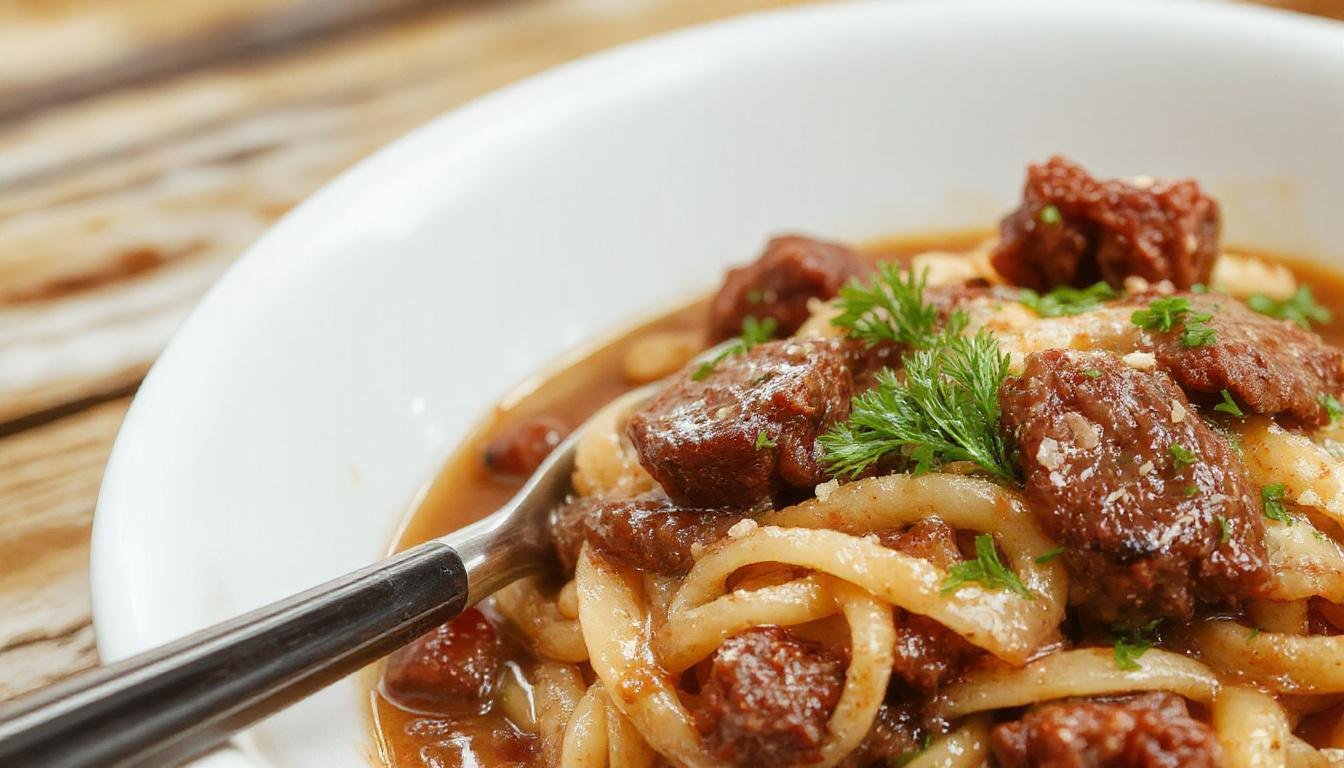 A bowl of creamy beef noodles featuring tender slices of beef, swirled in a rich, white sauce, topped with fresh herbs and served with a side of vibrant vegetables. The noodles are glossy and coated evenly, garnished with a sprinkle of green herbs, presented on a rustic wooden table.