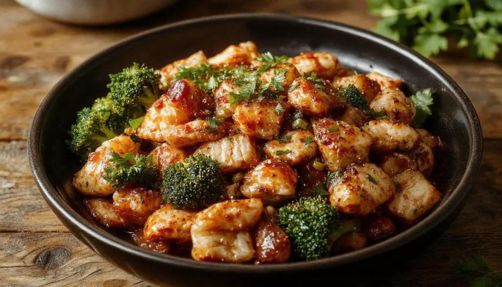 A vibrant plate of chicken stir fry featuring tender sliced chicken, colorful bell peppers, broccoli florets, and shredded carrots, glazed with a glossy sauce, all arranged on a clean white plate with steam rising, garnished with sesame seeds and chopped green onions.