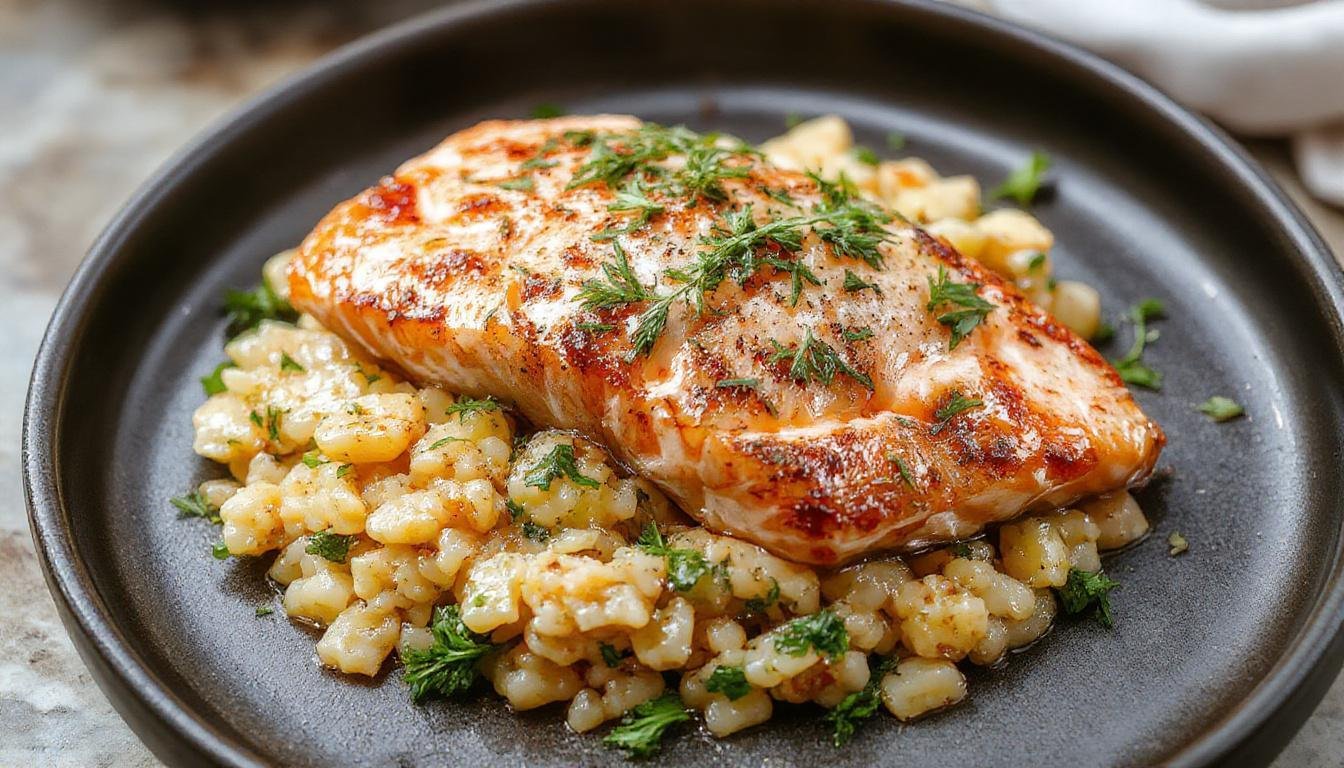 A golden-brown seared salmon fillet resting atop a bed of vibrant lemon orzo pasta, garnished with fresh herbs. The dish is plated on a white ceramic plate, with lemon wedges and a drizzle of olive oil visible around the edges. The salmon has a crispy crust, contrasting with the tender, flaky interior, and the orzo is bright yellow with flecks of green herbs.