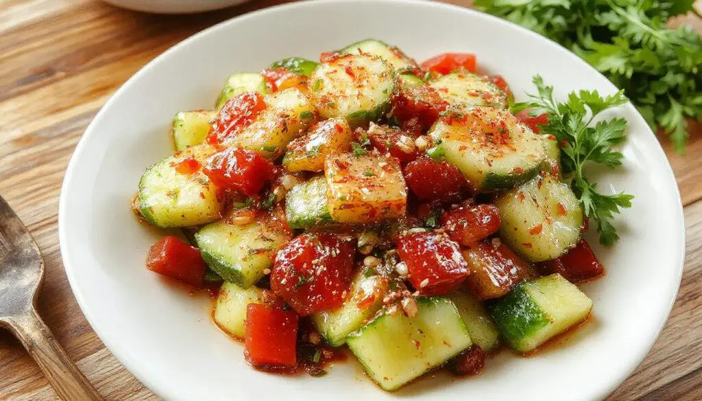 A vibrant Asian cucumber salad served in a white ceramic bowl, garnished with sliced cucumbers, sesame seeds, and finely chopped herbs. The cucumbers are thinly sliced, glistening with a light vinaigrette, and the colorful herbs add a fresh pop of green, creating an inviting and fresh presentation.