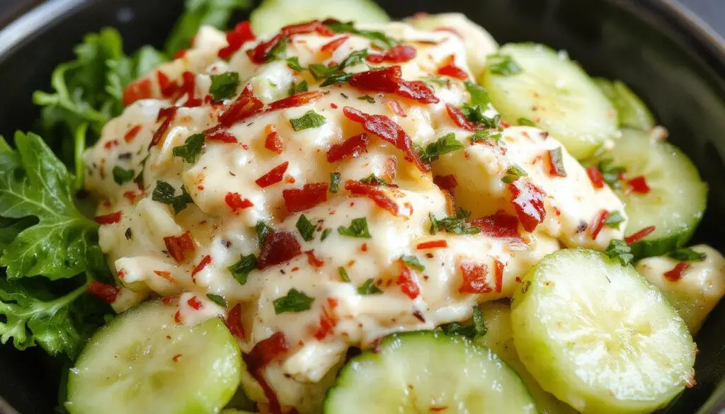 A vibrant bowl of creamy cucumber salad featuring thinly sliced cucumbers coated in a smooth, creamy dressing with fresh herbs sprinkled on top. The salad is served in a clear glass bowl, highlighting the crisp green slices and appetizing texture, with a background of rustic wooden table and fresh ingredients.