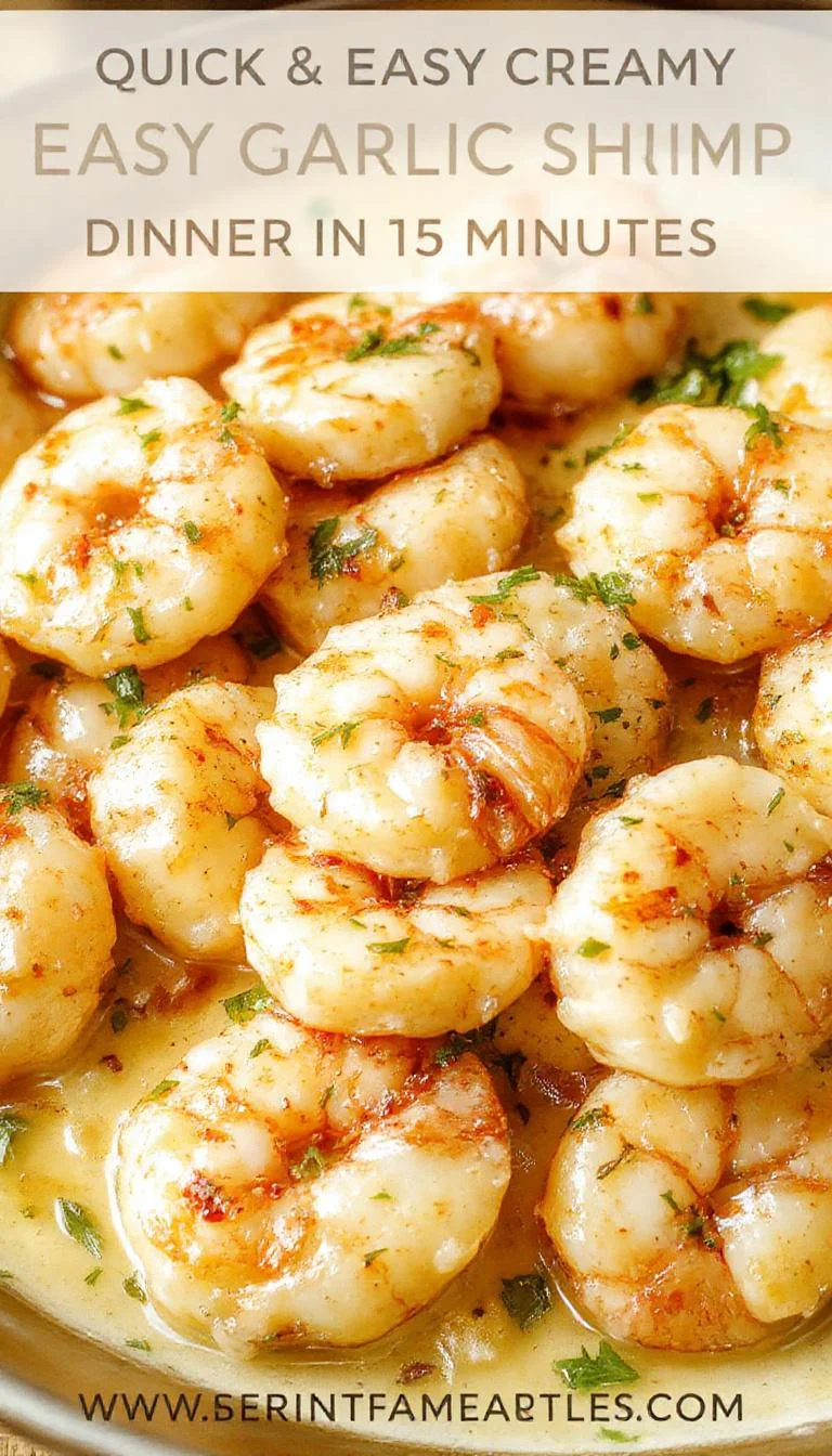 A close-up of creamy garlic shrimp arranged on a white plate. The shrimp are plump, coated in a luscious, buttery garlic sauce with visible minced garlic and herbs. Garnished with fresh parsley, the dish is complemented by a side of lemon wedges and a sprinkle of black pepper, creating a vibrant and appetizing presentation with a glossy texture.