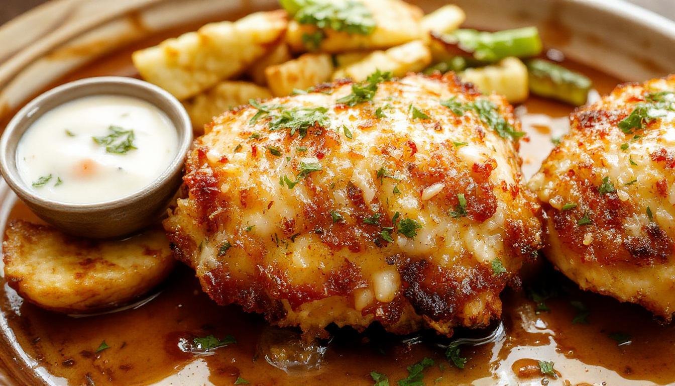 A golden-brown, crispy Parmesan chicken breast served on a white plate, garnished with fresh parsley. The chicken's textured crust contrasts with the tender interior, with shredded Parmesan visible on top and a side of green vegetables.