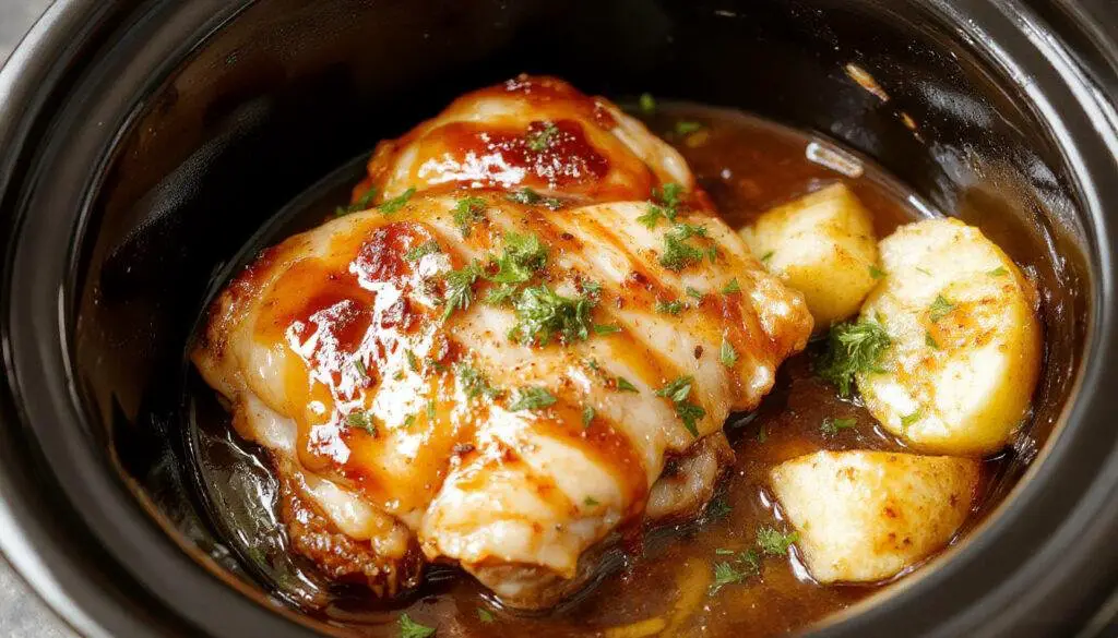 A close-up of tender chicken thighs glazed with a glossy honey garlic sauce, plated on a rustic white dish garnished with fresh herbs, with steam rising, showcasing a rich, caramelized exterior and juicy, flaky interior.