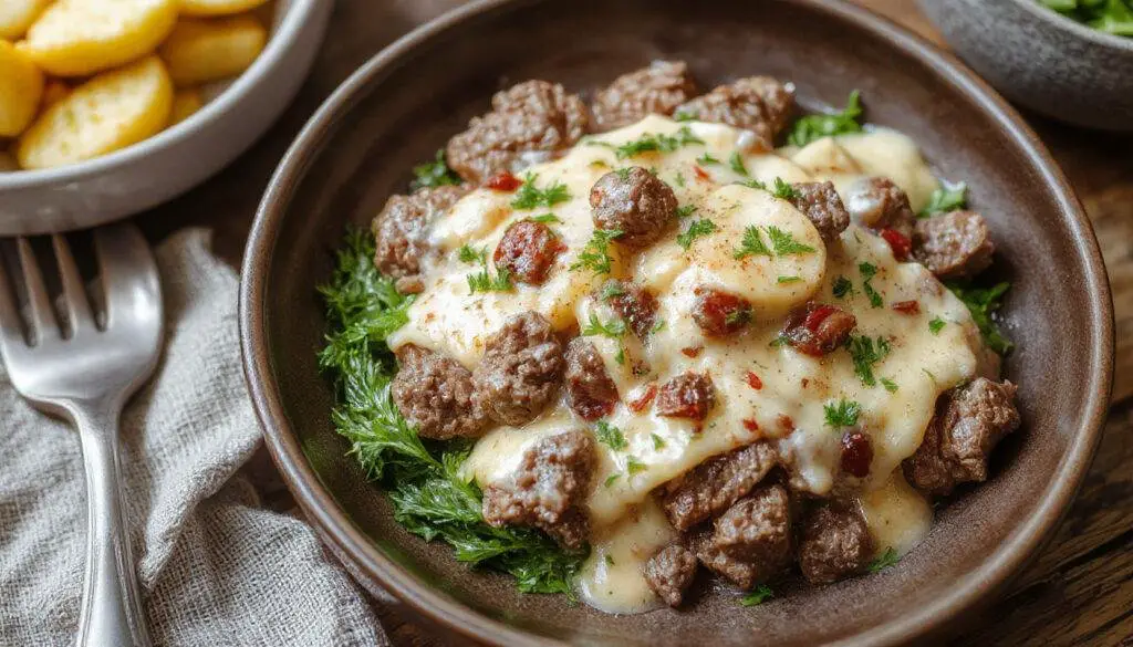 A steaming plate of ground beef stroganoff featuring tender ground beef coated in a creamy, brown mushroom sauce, garnished with fresh parsley, served over a bed of al dente egg noodles on a rustic wooden table with a side of fresh herbs and a small bowl of sour cream.