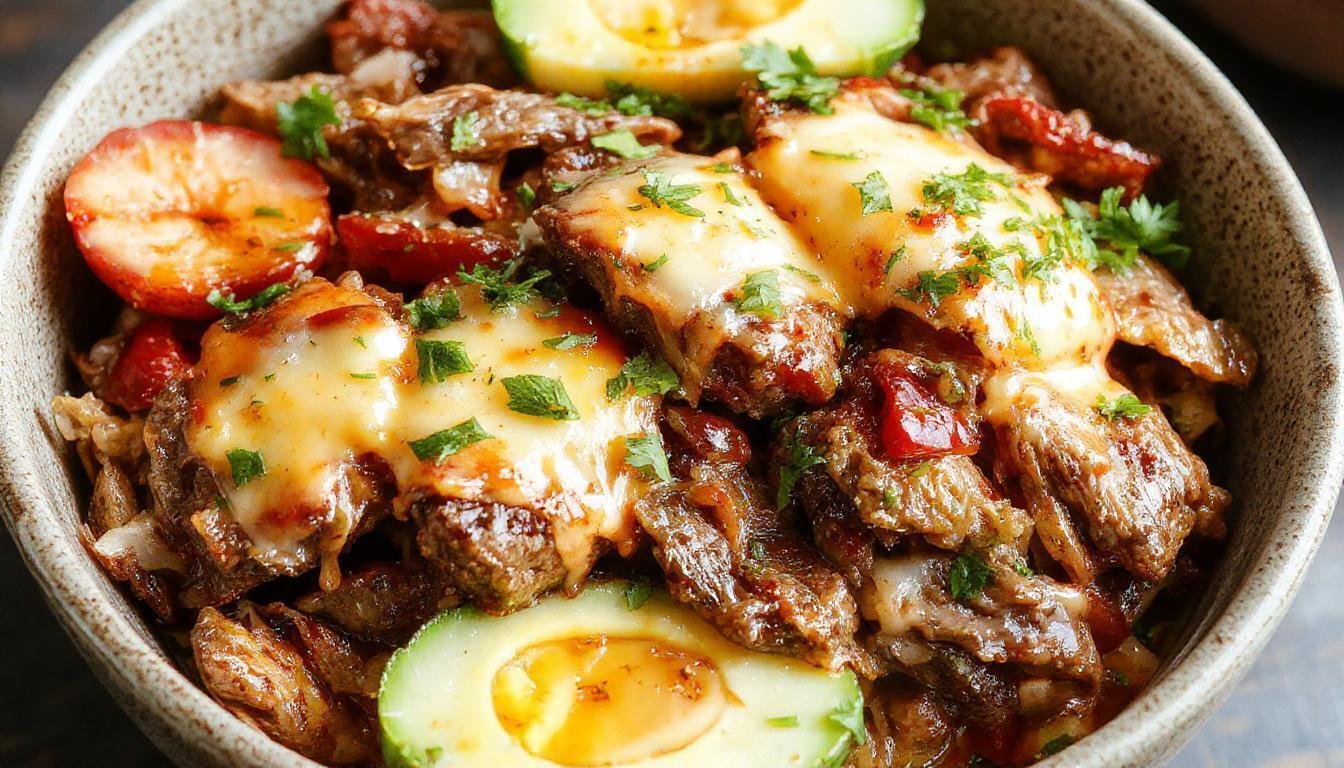 A vibrant bowl featuring thinly sliced sautéed beef, green bell peppers, caramelized onions, melted cheese, all neatly arranged over a bed of leafy greens, garnished with chopped herbs and a drizzle of sauce, showcasing a colorful and appetizing presentation.