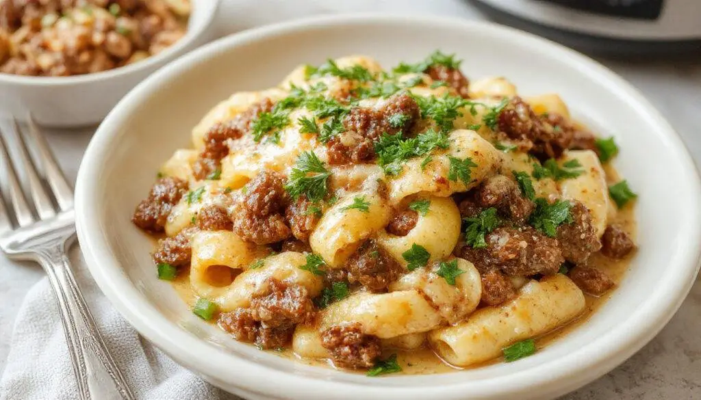 A steaming plate of creamy ground beef pasta with tender noodles coated in a rich, velvety sauce. Garnished with fresh herbs and a sprinkle of cheese, set on a rustic wooden table.