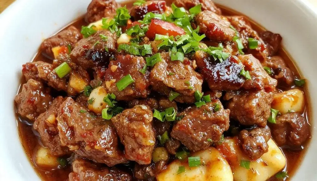 A close-up of a sizzling skillet filled with tender ground beef coated in a glossy, caramelized sauce. Garnished with sliced green onions and sesame seeds, the dish showcases a vibrant mix of deep browns and fresh greens, presented in a rustic ceramic bowl on a wooden surface.
