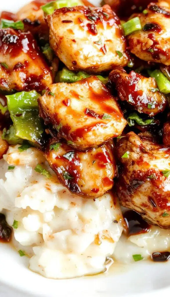 A colorful plate of teriyaki chicken stir-fry with vibrant vegetables and glossy sauce served on a white platter