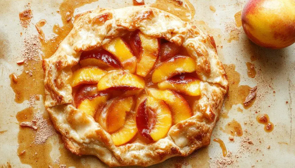 A rustic peach galette with a golden, flaky crust, filled with vibrant slices of ripe peaches in a caramelized filling, drizzled with a glaze, and presented on a wooden board with a fork beside it.